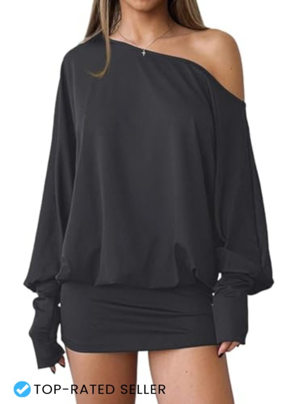 Women's Long Sleeve Off Shoulder Bodycon Mini Dress Thumb Holes Stretch Casual